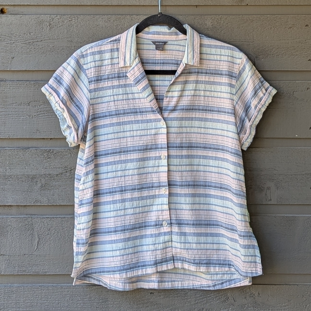 Eddie Bauer Stretch Crinkle Cotton S/S Button Front Blouse Top Pastel Small